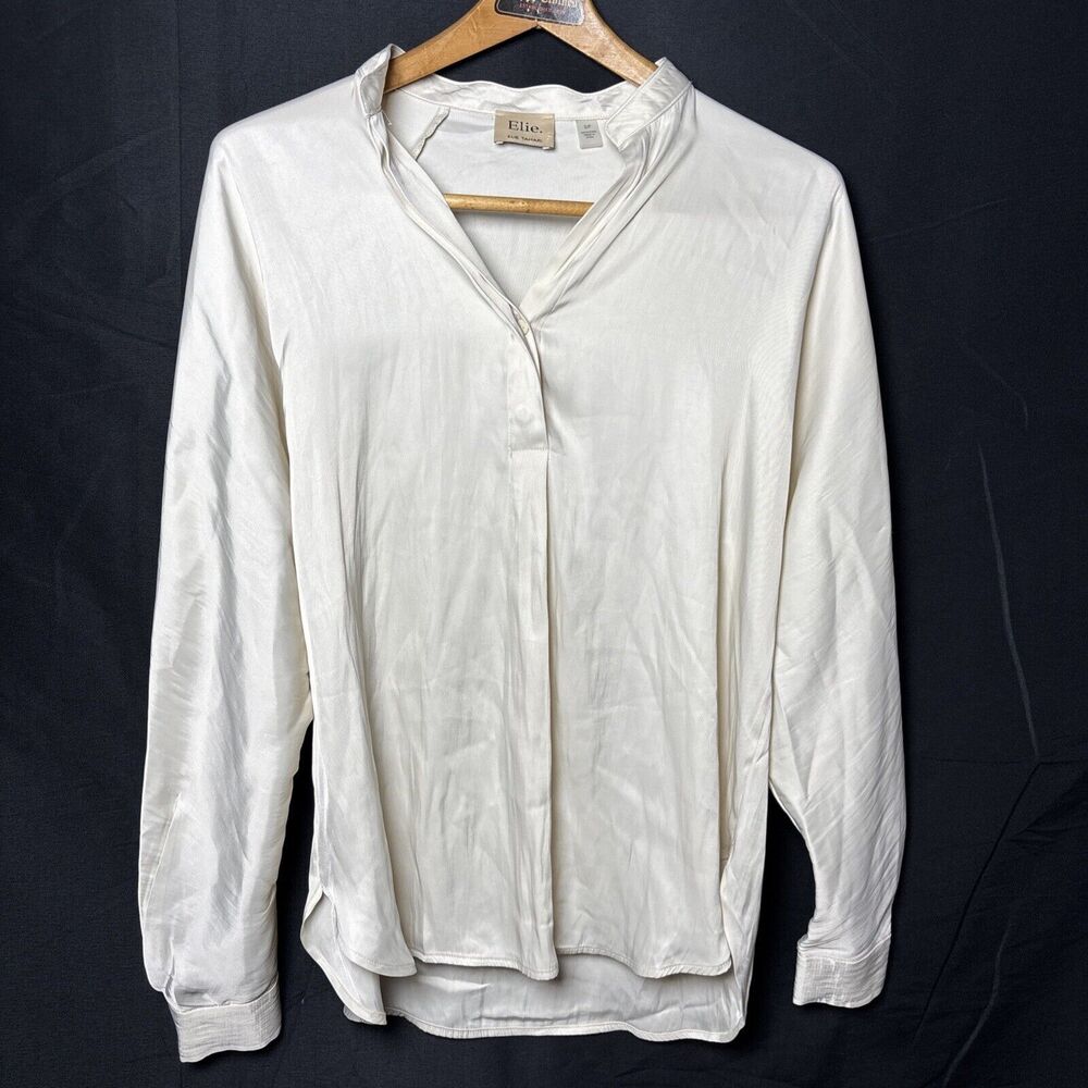 Elie Tahari Womens Small Ivory Long Sleeve Silky Blouse Minimalist casual Office